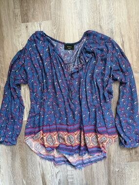 VICI Blue Floral Paisley Blouse with Pink Accents
